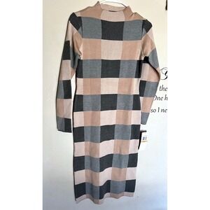 Nina Leonard Grey Tan Checkerboard Mock Neck Long Sleeve Knit Sweater Dress